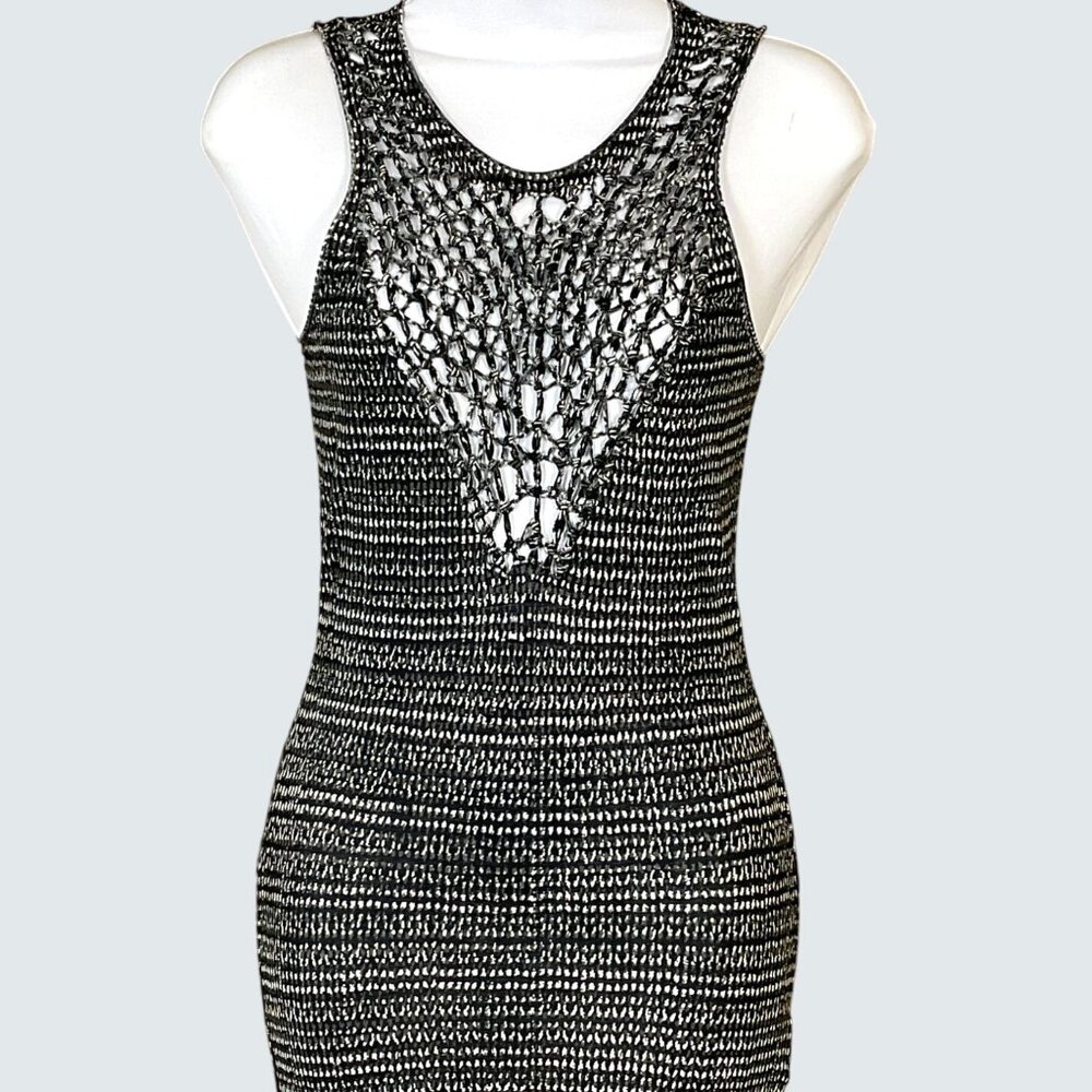 Edun Sleeveless Scoop Neck Knotted Bodice Fitted Tank Dress XS Black and White